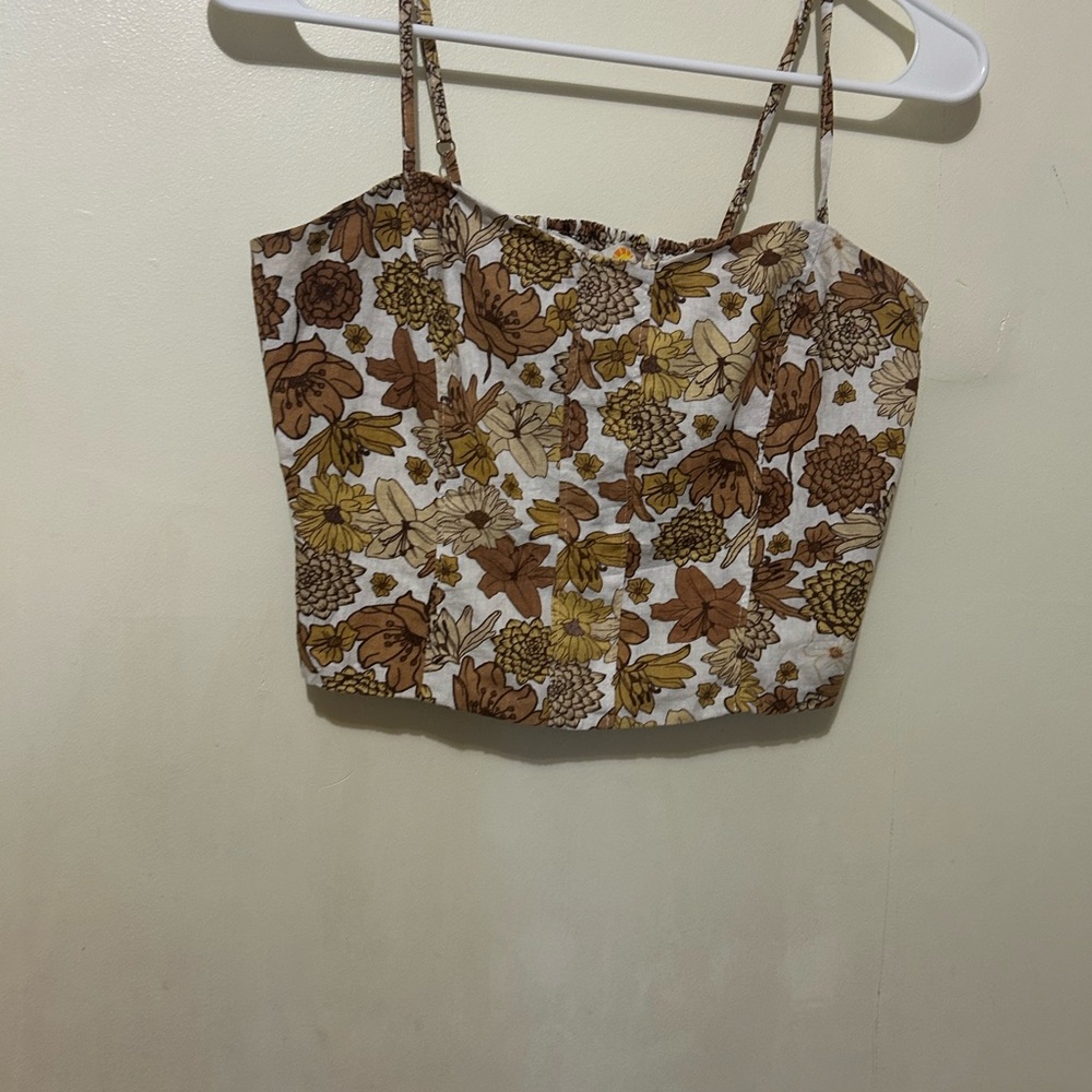 C&C California Floral Linen Blend Crop Cami Sz 4 Brown, Cream & Yellow Smocked